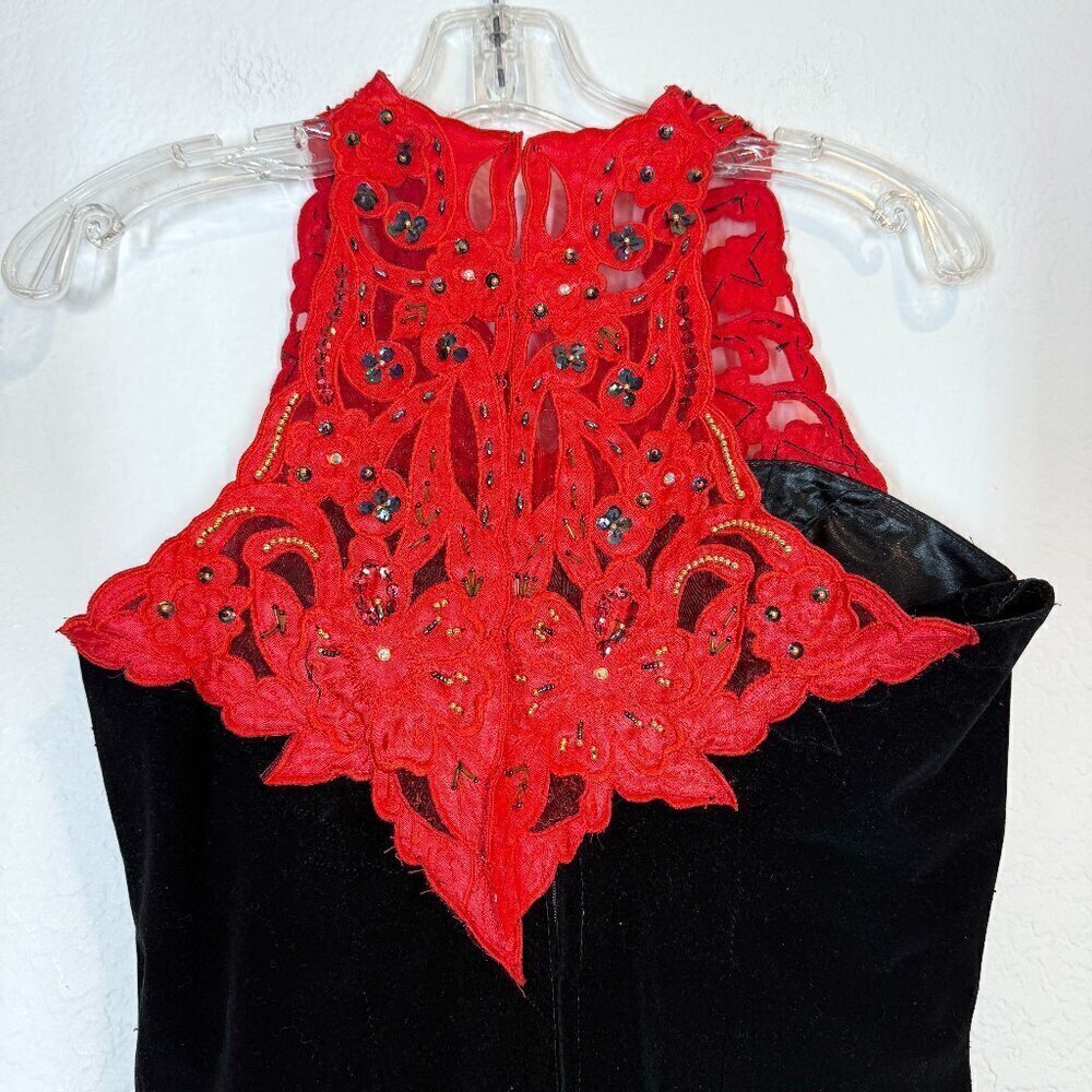 Vintage Cheongsam Qipao Dress Gown Black Velvet Red Long Maxi Hand Sewn Lace XS - Picture 6 of 12